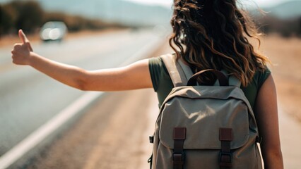 A woman hitchhiking on a deserted road with a backpack, signaling for a ride under a clear sky.