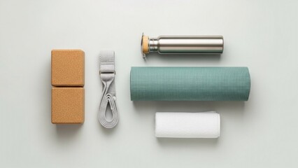 Yoga essentials arranged on a light background, including blocks, a strap, a water bottle, a mat, and a towel.