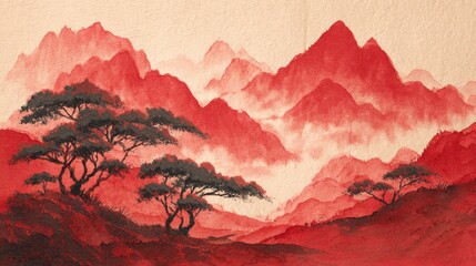 This artwork depicts a serene mountain landscape filled with rich red shades showing gentle hills and dark tree silhouettes against a calming backdrop of fading daylight.