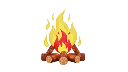 Bright yellow and red campfire illustration with stacked wooden logs burning brightly, isolated on transparent background