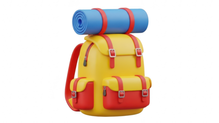 Bright yellow and red 3d rendered hiking backpack with rolled blue sleeping mat attached, isolated on transparent background