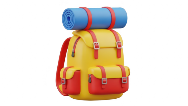 Bright yellow and red 3d rendered hiking backpack with rolled blue sleeping mat attached, isolated on transparent background