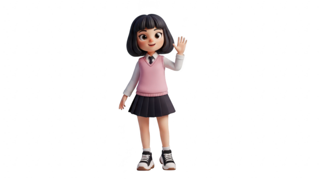 Cute 3d rendered female student character with bob haircut waving hand, isolated on transparent background