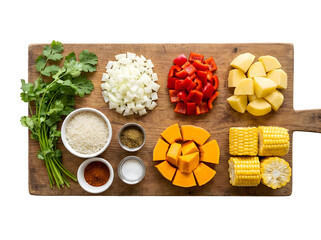 Vibrant Ingredients for a Delicious Meal Preparation on a Rustic Wooden Cutting Board