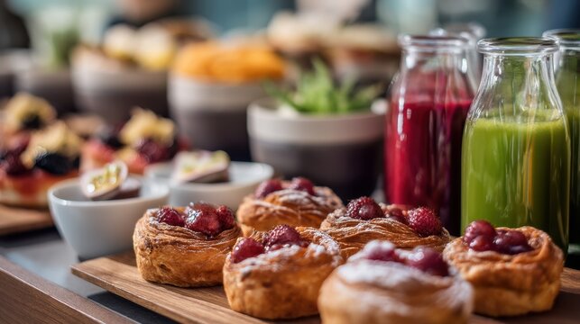 A delightful breakfast table showcases fresh pastries topped with berries colorful juices and bowls of fruits and greens inviting guests for a tasty meal in a warm setting.