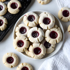 Top-Down Close-Up of Raspberry Jam Thumbprint Cookies with Powdered Sugar
