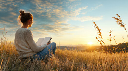 Young woman reading journal in golden field at sunrise, peaceful morning reflection