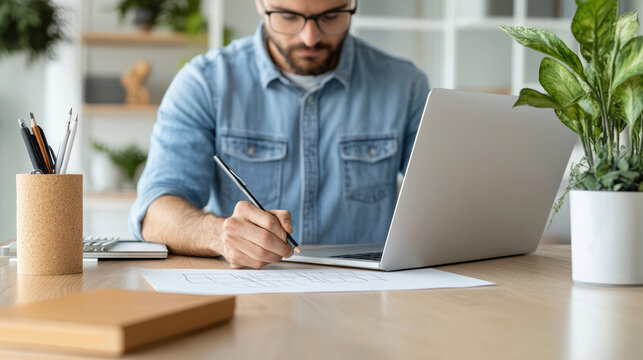 Man sketching storyboard at desk with laptop and plant, focused creative work