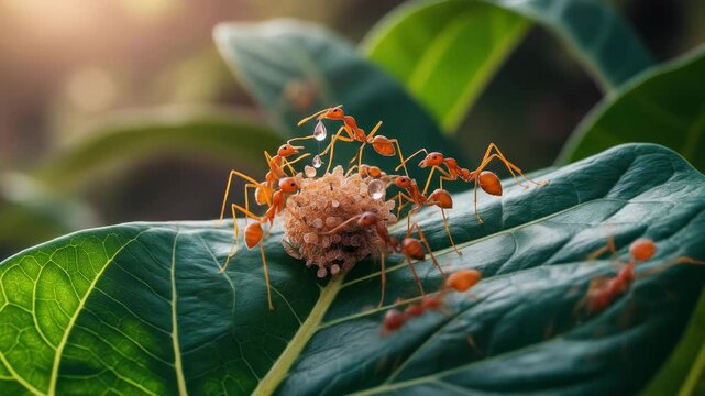 A close-up shows orange ants tending to their pupae on a green leaf, with water droplets