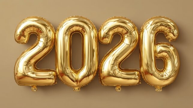 Four shiny gold balloons shaped like the numbers 2 0 2 and 6 are arranged on a light brown background. These balloons signify the year 2026 and enhance a festive setting.