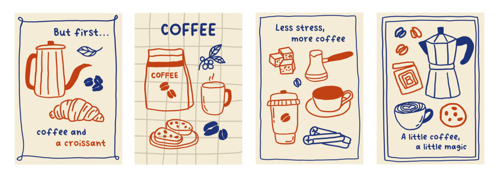 Whimsical coffee cafes card set. Hot drink cup, coffee and croissant breakfast poster template. Espresso, cappuccino hand drawn line art banner. Vector illustration