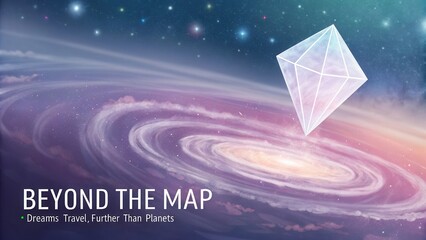 Surreal Space Journey with Abstract Geometric Shape Floating Over Colorful Galaxy and Stars in Deep Cosmic Background