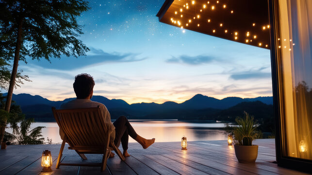 Person watching stars from lakeside deck at dusk with warm lights and mountain view - Powered by Adobe
