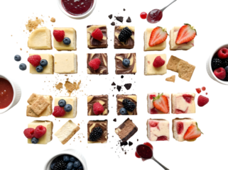 A Colorful Array of Cheesecake Bites Garnished with Fresh Berries and Sauces Perfect for Any Dessert Lover