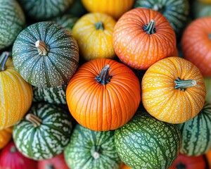 An overhead shot displays a colorful collection of pumpkins and gourds. Great for fall designs, harvest festivals, or Thanksgiving themes.