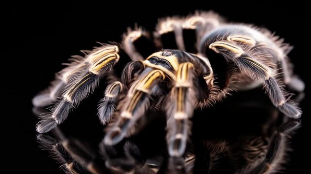A close-up of a tarantula with intricate patterns, its reflection visible below