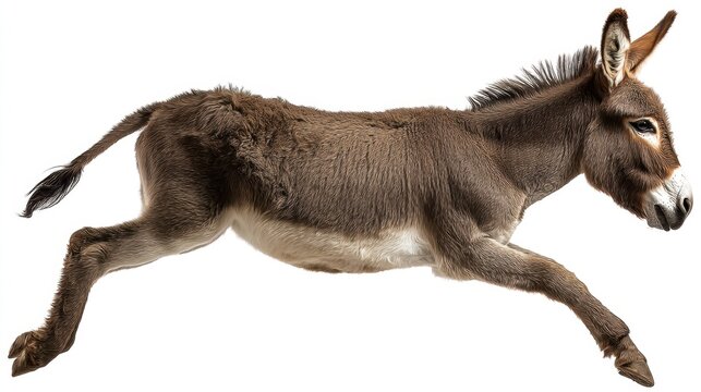 A donkey is seen jumping energetically highlighting its strong legs and lively spirit. The animal appears healthy and vibrant in a well lit environment displaying its playful side.