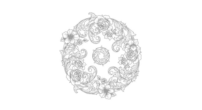 Intricate floral design featuring swirling patterns and detailed blossoms on a white background