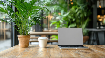 Lush potted plant, takeaway coffee cup and laptop on wooden cafe table, calm morning