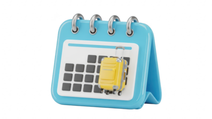 3d icon of a blue desk calendar with a yellow rolling suitcase marking a date, symbolizing vacation planning or travel schedule isolated on transparent background