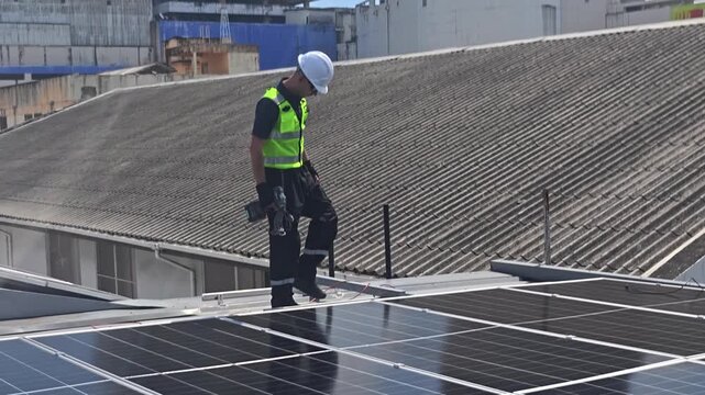 Professional who installs solar energy systems,  procuring equipment, and performing the physical installation of solar panels on roofs. 