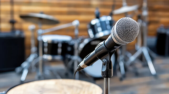 Live vocal microphone on stand in front of drum set on stage, energetic performance vibe