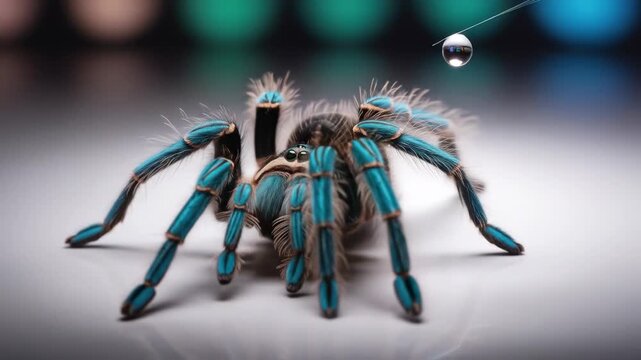 A close-up of a vibrant turquoise tarantula with a water droplet above