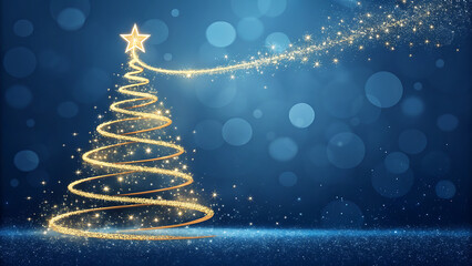 A glowing christmas tree with a star on top and a trail of sparkles on a blue background creates a festive and magical atmosphere for the holidays