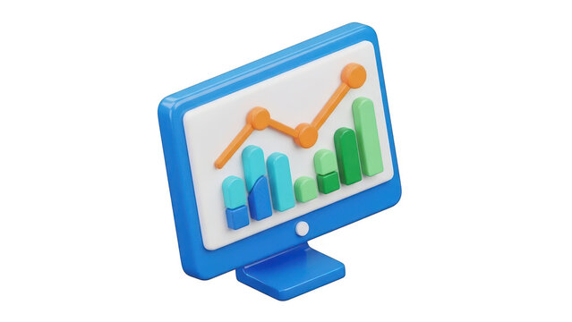 3d isometric illustration of a computer monitor displaying a colorful bar chart and line graph for business data analysis isolated on transparent background