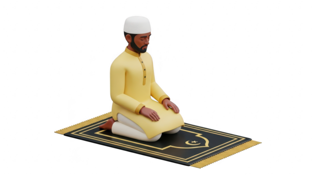Muslim man in traditional yellow clothing and white cap kneeling on prayer rug for salah, isolated on transparent background