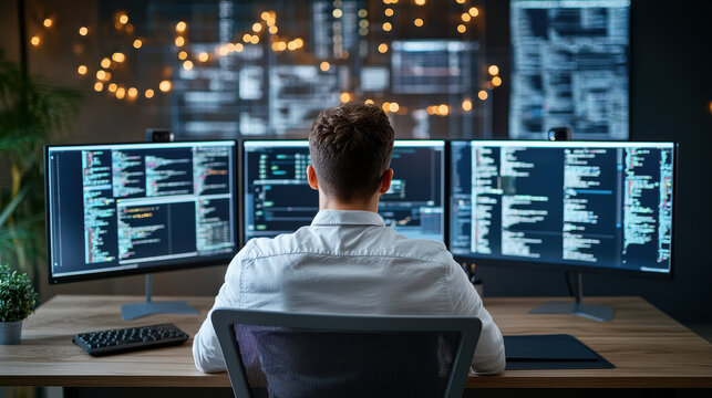 Developer at multi monitor workstation coding late with warm ambient lights - Powered by Adobe