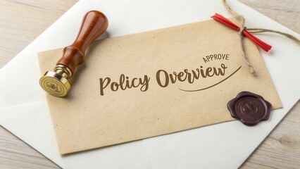 Vintage document with seal, stamp, and ribbon showcasing policy overview, approval, and formal communication concept