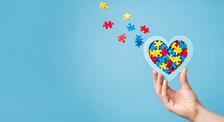 Hand holding heart filled with puzzle pieces for autism awareness concept