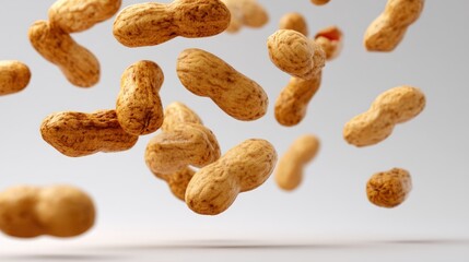 Peanuts are suspended in mid air showcasing their textured surface and brown color in a bright and light atmosphere. This scene highlights the fun aspect of snacks.