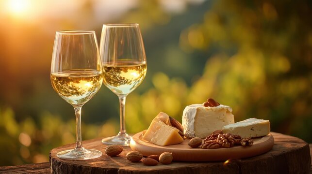 Two glasses of white wine sit beside a wooden platter filled with assorted cheeses and nuts. The warm glow of sunset creates a serene atmosphere in a lush vineyard.