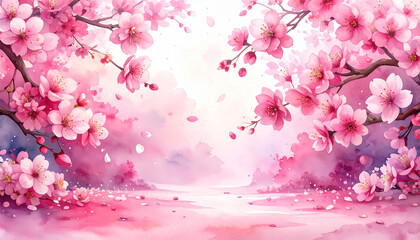 Fototapeta premium 桜の花びらが舞う日本の春のイラスト 水彩画風