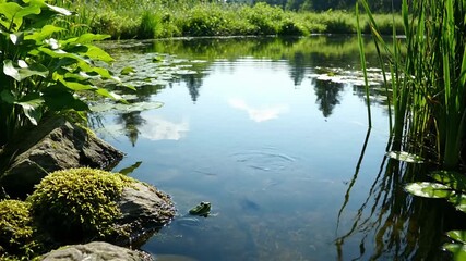 Wide shot of the pond nestled within lush, vibrant natural vegetation, highlighting the untouched ecosystem and the interplay of light and shadow on the surrounding flora.