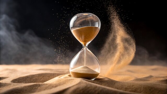 Hourglass standing in windy desert with blowing sand