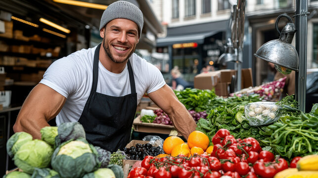 Market vendor smiling while arranging fresh produce on display - Powered by Adobe