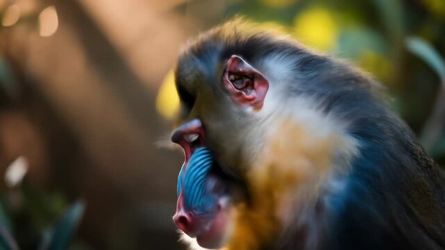 A detailed profile shot of a colorful mandrill monkey, focus on face and fur
