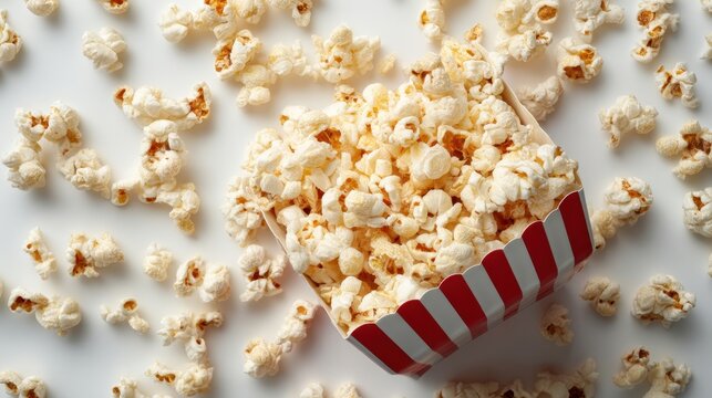 A striped container holds fluffy white popcorn while pieces are scattered on a clean surface. This scene captures the enjoyable snack often enjoyed during movies.
