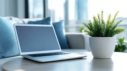 Silver laptop on cozy sofa table with potted plant and soft cushions, calm workspace mood