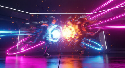 Dynamic robot battle with vibrant neon lights and energy sparks