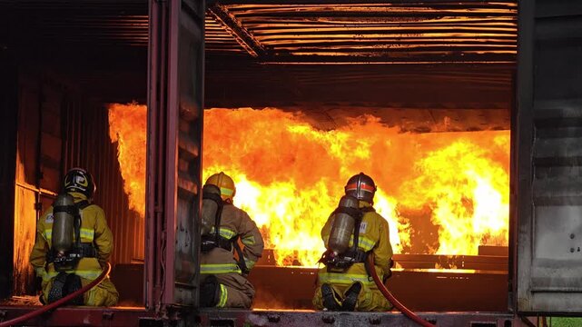 Firefighters battle intense flames during a rescue operation in an outdoor setting. Firefighters combat a large blaze during a training exercise in the evening glow