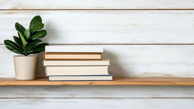 Cozy minimalist shelf with stacked books and potted plant creating calm ambience