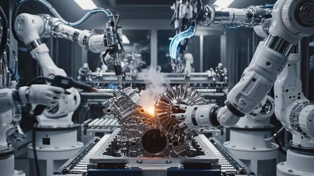 A detailed image of robotic arms working on a vehicle engine in a factory setting