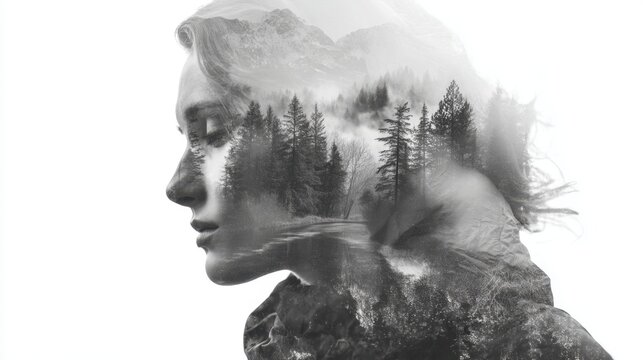 A woman's profile transitions into a misty forest scene highlighting the connection between nature and the human spirit. This artistic representation evokes tranquility and reflection.