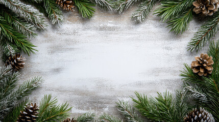 Frosted pine branches pine cones winter frame snowy wooden background warm festive mood