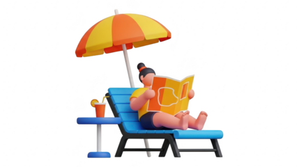 3d character relaxing on a blue beach chair under a yellow and orange umbrella while reading a book isolated on transparent background