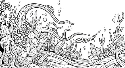 Intricate underwater scene featuring flowing seaweed and crystalline structures in a serene environment